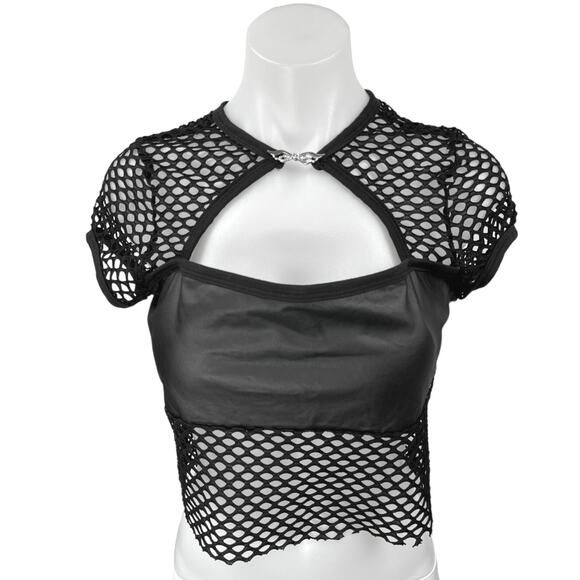 Shein Women's Black Cut Out Front Fishnet Mesh Short Sleeve Crop Blouse Top Sz L - Picture 1 of 5